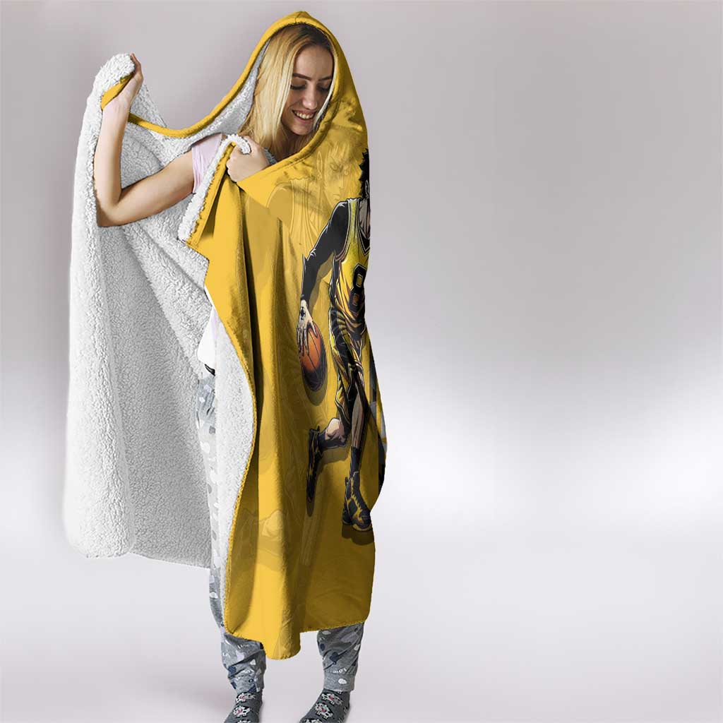 Trafalgar Law One Piece Basketball Theme Yellow and Black Design Hooded Blanket with Heart Pirates Emblem and Action Pose - The Mazicc