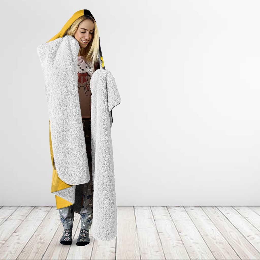 Trafalgar Law One Piece Basketball Theme Yellow and Black Design Hooded Blanket with Heart Pirates Emblem and Action Pose - The Mazicc