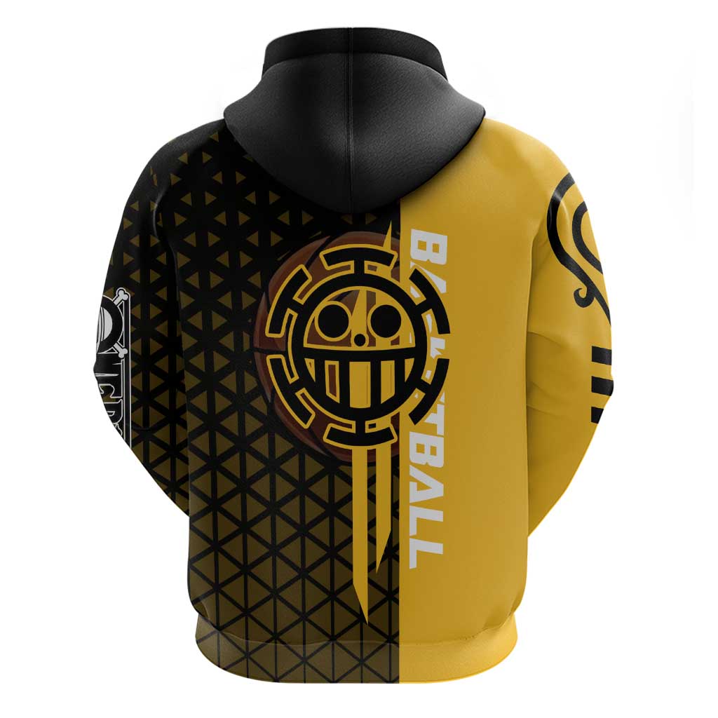 Trafalgar Law One Piece Basketball Theme Yellow and Black Design Hoodie with Heart Pirates Emblem and Action Pose - The Mazicc
