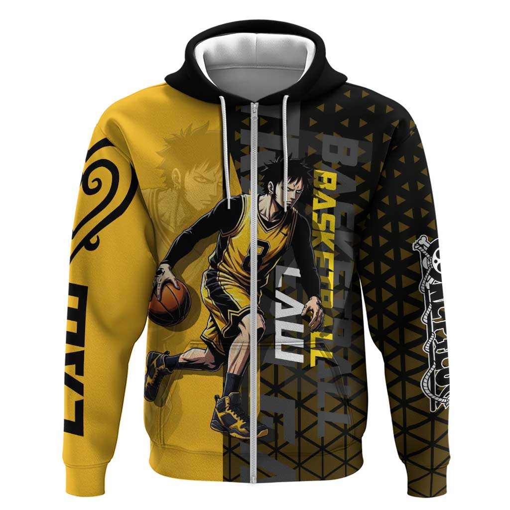 Trafalgar Law One Piece Basketball Theme Yellow and Black Design Hoodie with Heart Pirates Emblem and Action Pose - The Mazicc