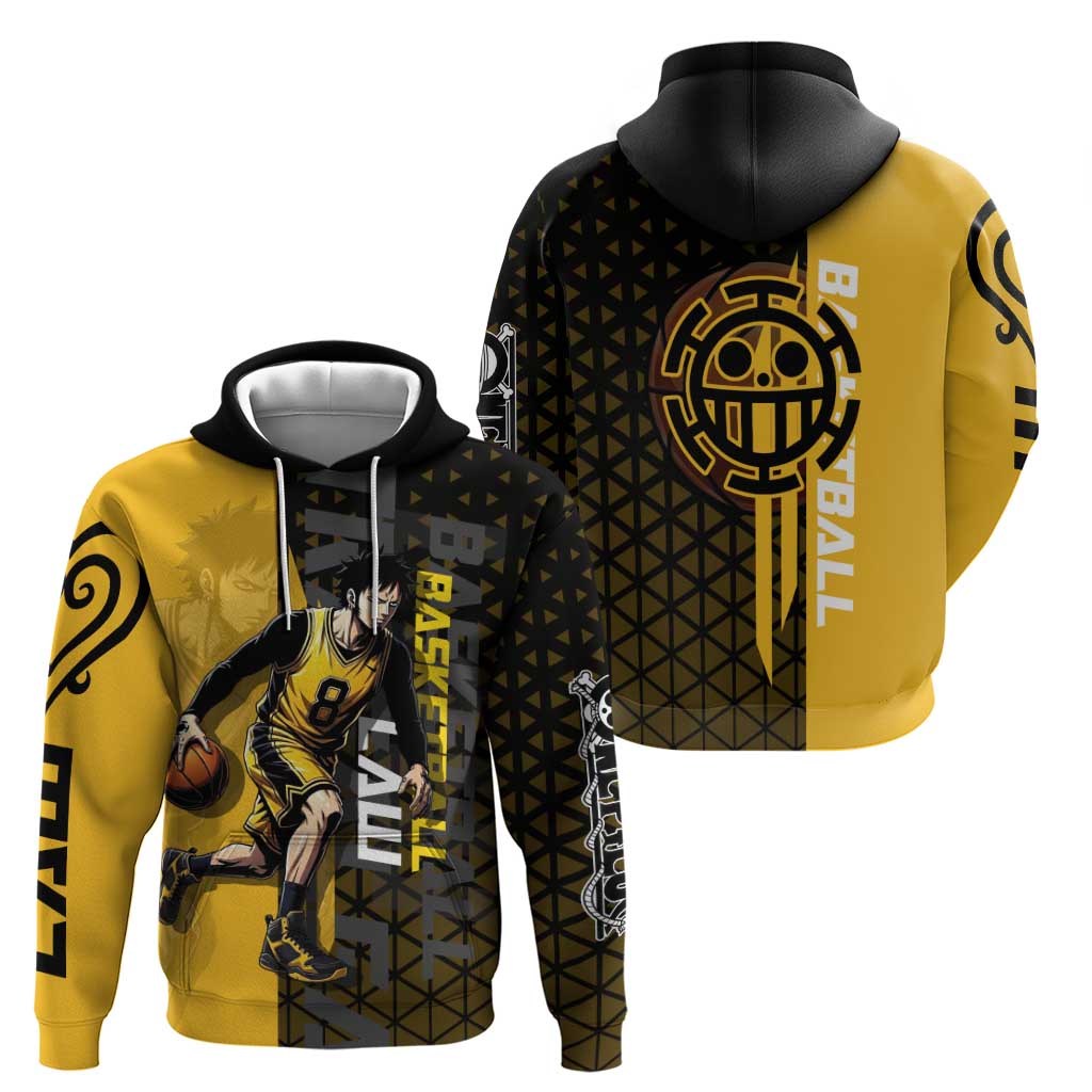 Trafalgar Law One Piece Basketball Theme Yellow and Black Design Hoodie with Heart Pirates Emblem and Action Pose - The Mazicc