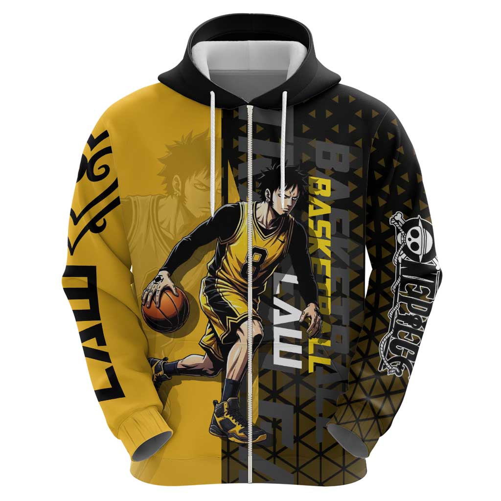 Trafalgar Law One Piece Basketball Theme Yellow and Black Design Hoodie with Heart Pirates Emblem and Action Pose - The Mazicc