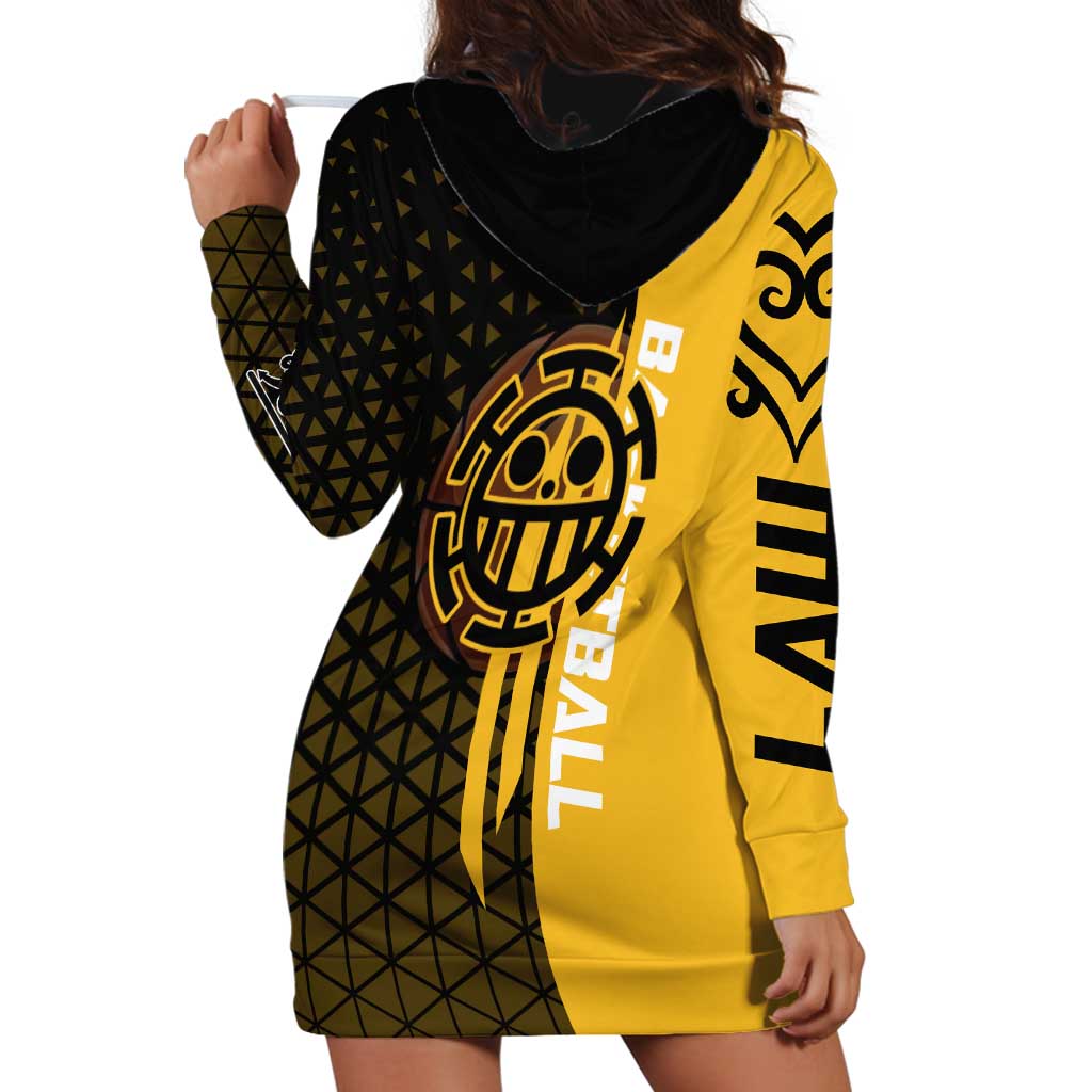 Trafalgar Law One Piece Basketball Theme Yellow and Black Design Hoodie Dress with Heart Pirates Emblem and Action Pose - The Mazicc