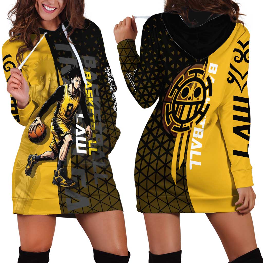 Trafalgar Law One Piece Basketball Theme Yellow and Black Design Hoodie Dress with Heart Pirates Emblem and Action Pose - The Mazicc