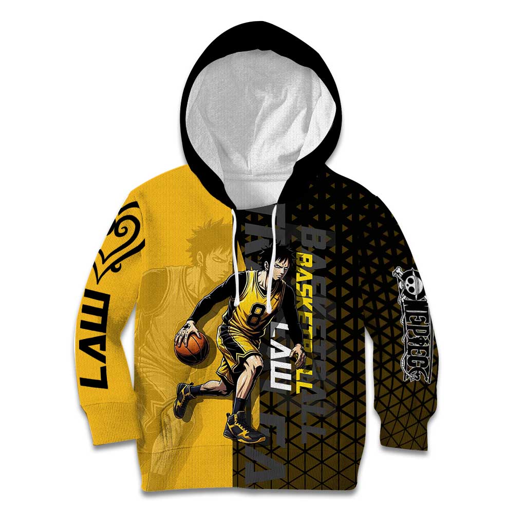 Trafalgar Law One Piece Basketball Theme Yellow and Black Design Kid Hoodie with Heart Pirates Emblem and Action Pose - The Mazicc