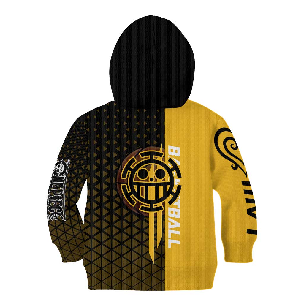 Trafalgar Law One Piece Basketball Theme Yellow and Black Design Kid Hoodie with Heart Pirates Emblem and Action Pose - The Mazicc
