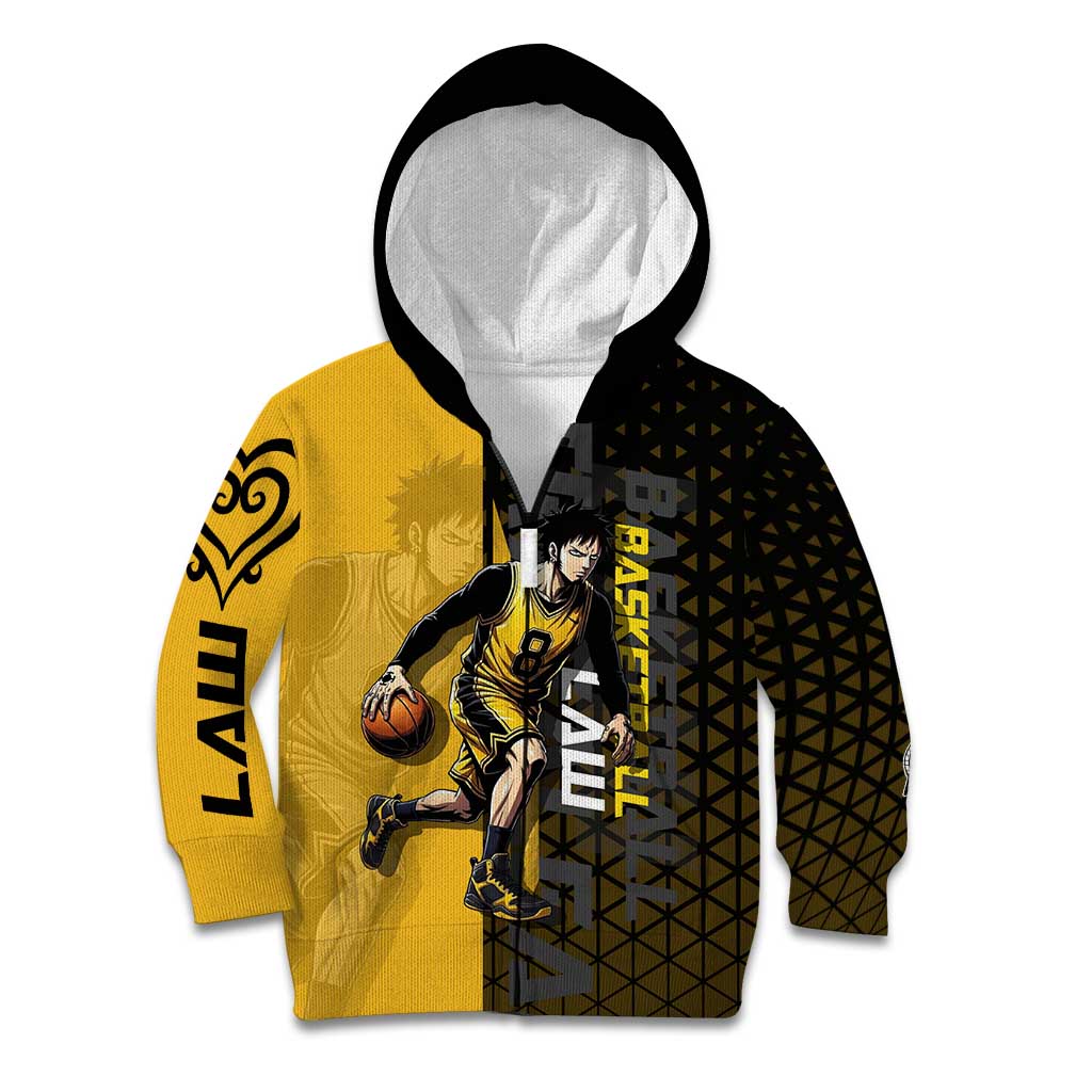 Trafalgar Law One Piece Basketball Theme Yellow and Black Design Kid Hoodie with Heart Pirates Emblem and Action Pose - The Mazicc