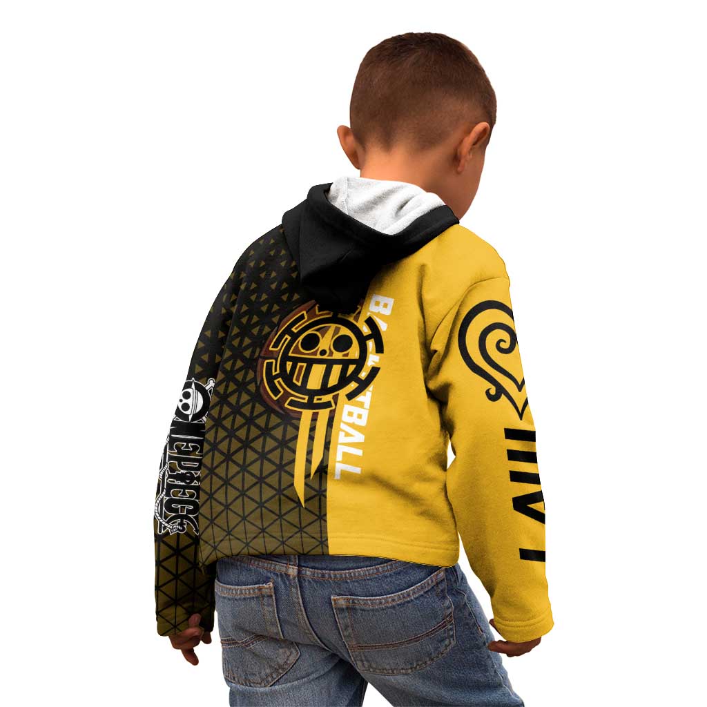 Trafalgar Law One Piece Basketball Theme Yellow and Black Design Kid Hoodie with Heart Pirates Emblem and Action Pose - The Mazicc
