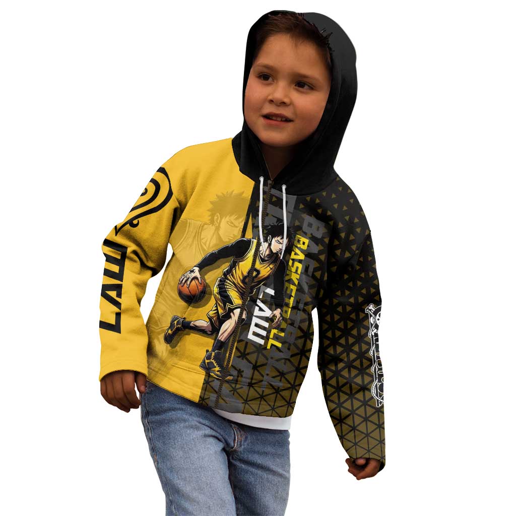 Trafalgar Law One Piece Basketball Theme Yellow and Black Design Kid Hoodie with Heart Pirates Emblem and Action Pose - The Mazicc