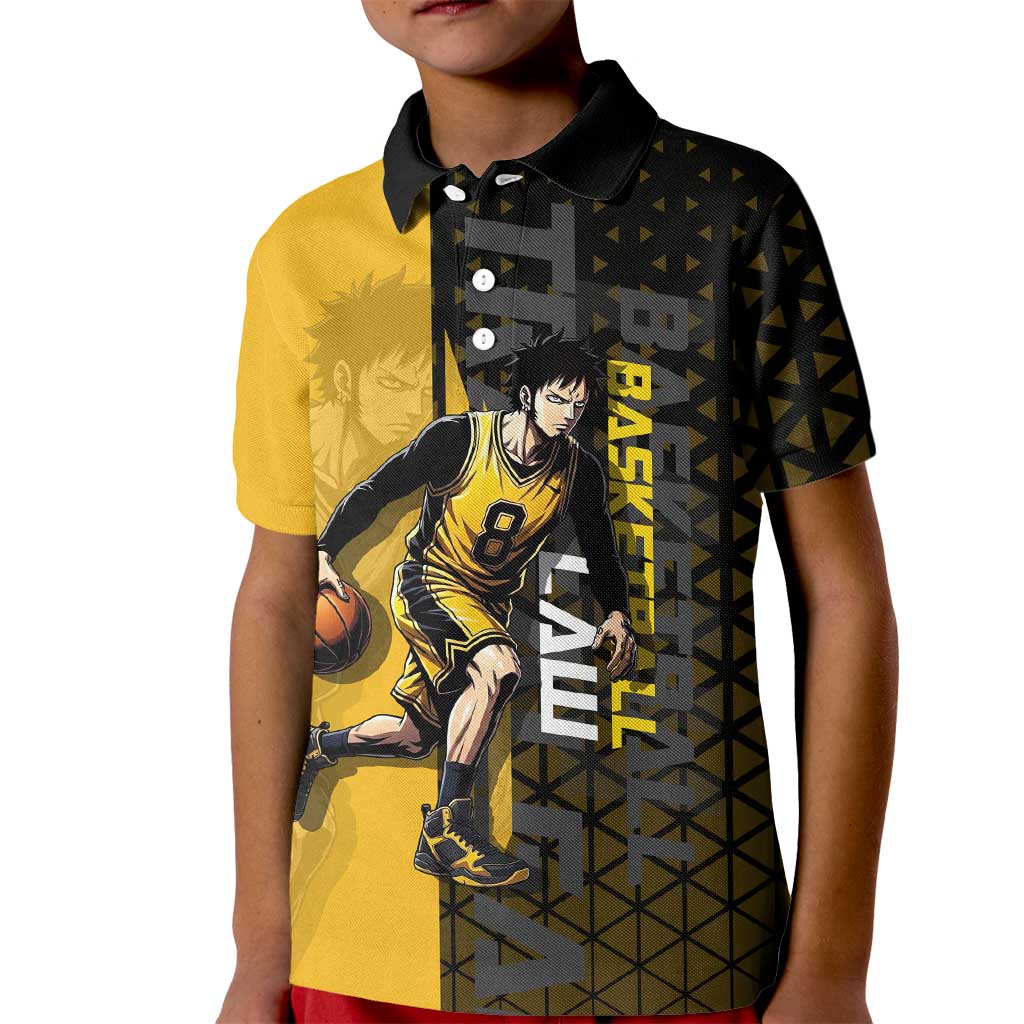 Trafalgar Law One Piece Basketball Theme Yellow and Black Design Kid Polo Shirt with Heart Pirates Emblem and Action Pose - The Mazicc