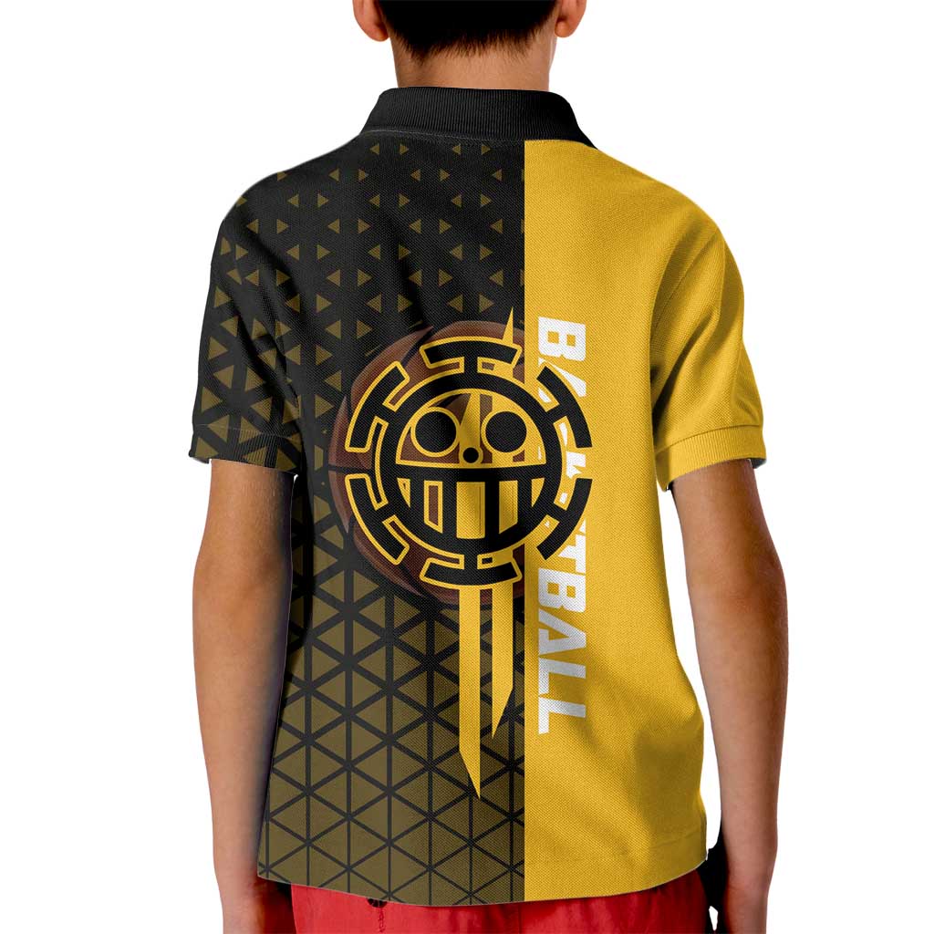 Trafalgar Law One Piece Basketball Theme Yellow and Black Design Kid Polo Shirt with Heart Pirates Emblem and Action Pose - The Mazicc