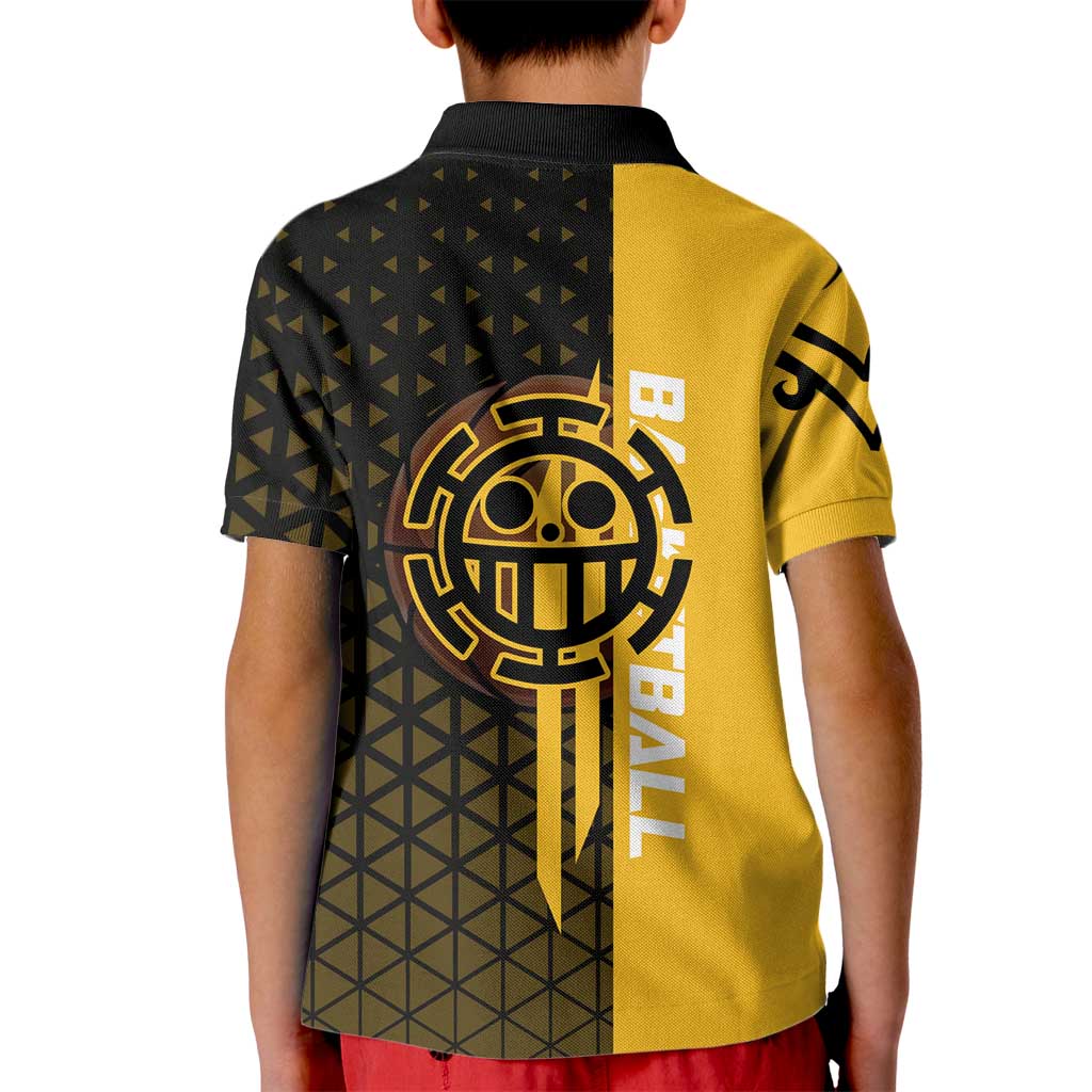 Trafalgar Law One Piece Basketball Theme Yellow and Black Design Kid Polo Shirt with Heart Pirates Emblem and Action Pose - The Mazicc