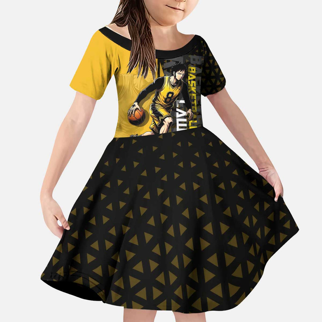 Trafalgar Law One Piece Basketball Theme Yellow and Black Design Kid Short Sleeve Dress with Heart Pirates Emblem and Action Pose - The Mazicc