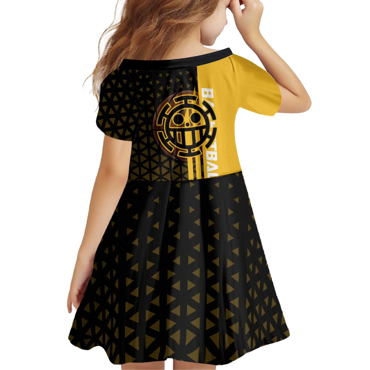 Trafalgar Law One Piece Basketball Theme Yellow and Black Design Kid Short Sleeve Dress with Heart Pirates Emblem and Action Pose - The Mazicc