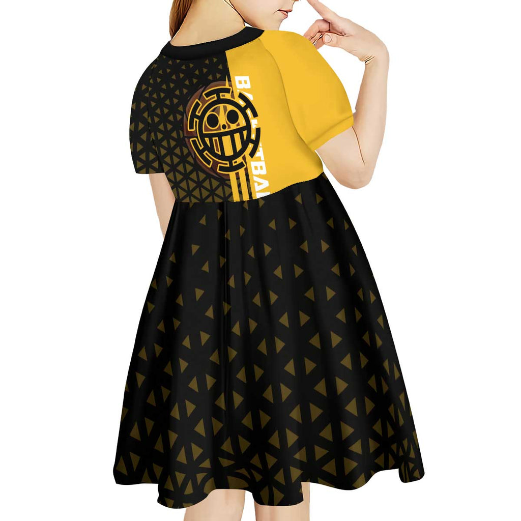 Trafalgar Law One Piece Basketball Theme Yellow and Black Design Kid Short Sleeve Dress with Heart Pirates Emblem and Action Pose - The Mazicc