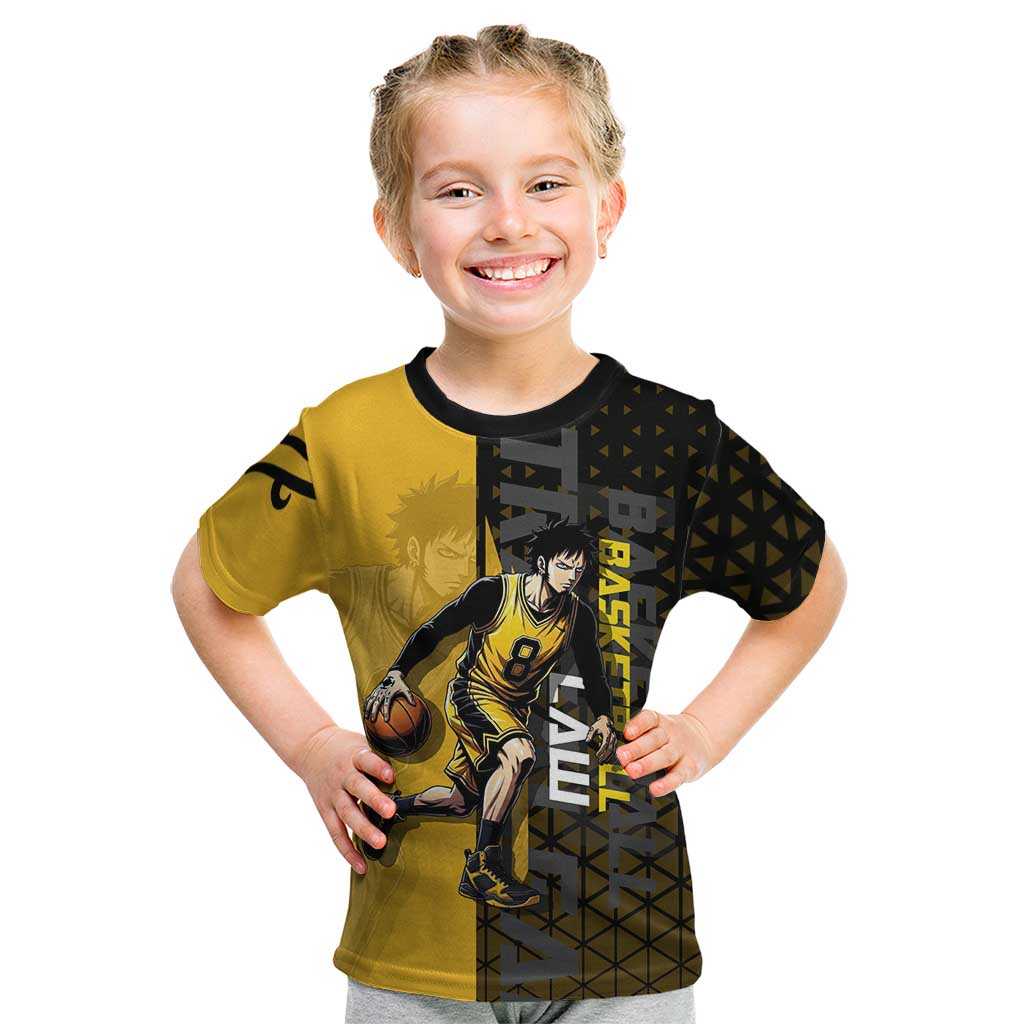 Trafalgar Law One Piece Basketball Theme Yellow and Black Design Kid T Shirt with Heart Pirates Emblem and Action Pose - The Mazicc