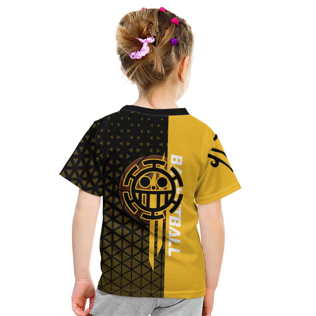 Trafalgar Law One Piece Basketball Theme Yellow and Black Design Kid T Shirt with Heart Pirates Emblem and Action Pose - The Mazicc