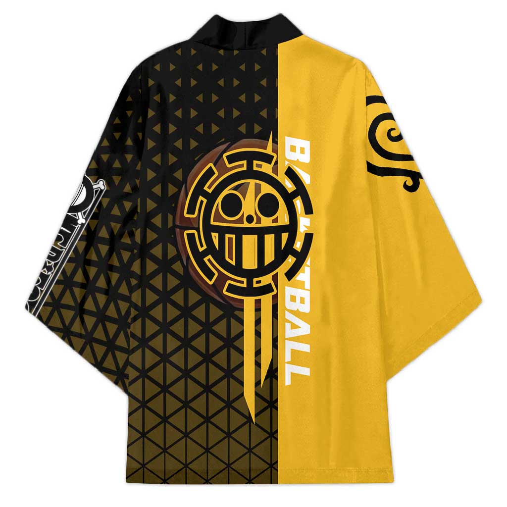 Trafalgar Law One Piece Basketball Theme Yellow and Black Design Kimono with Heart Pirates Emblem and Action Pose - The Mazicc