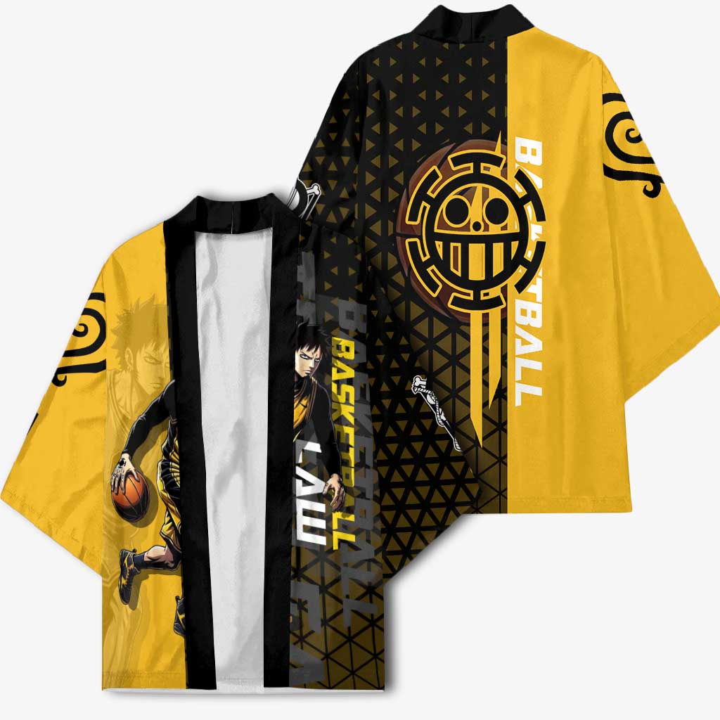 Trafalgar Law One Piece Basketball Theme Yellow and Black Design Kimono with Heart Pirates Emblem and Action Pose - The Mazicc