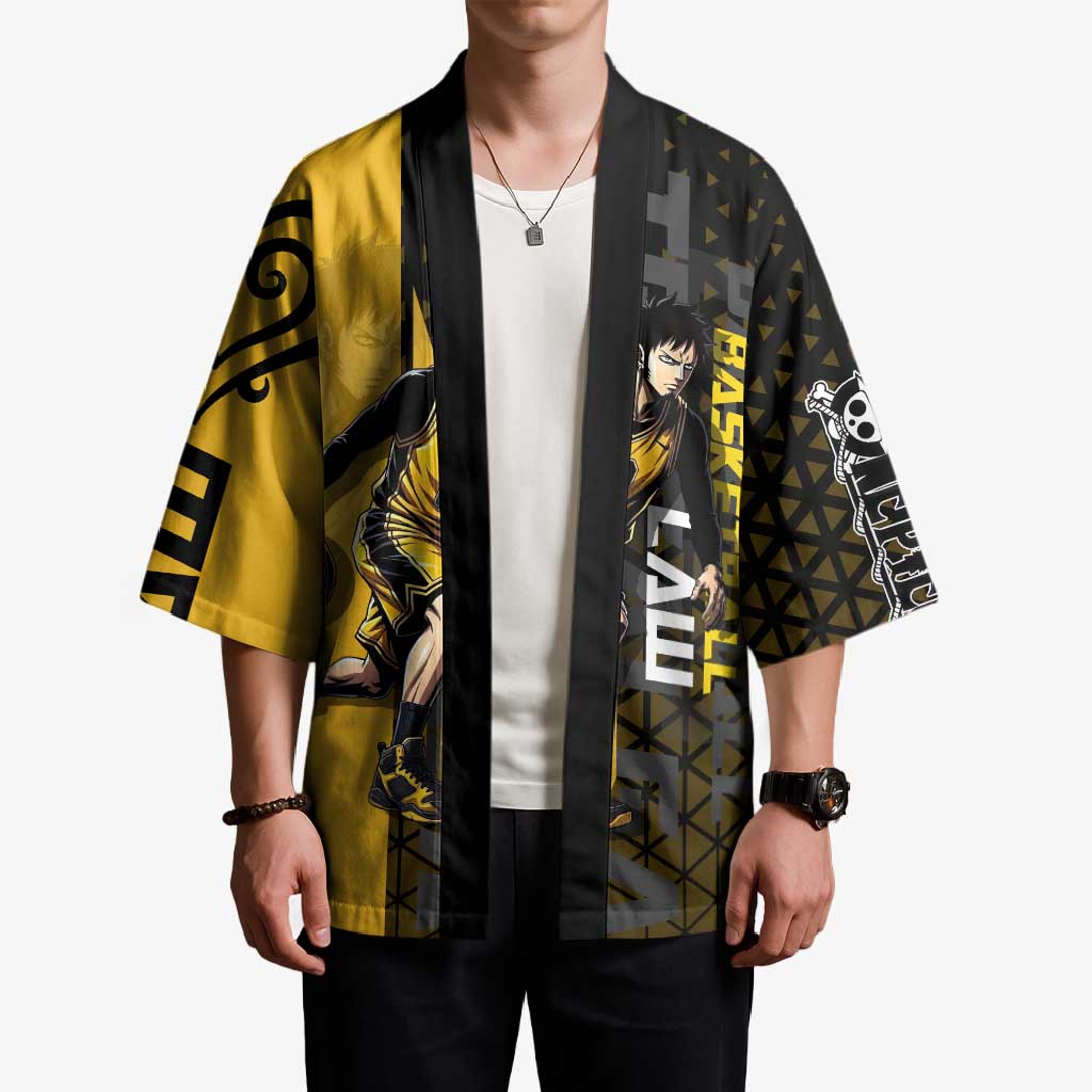 Trafalgar Law One Piece Basketball Theme Yellow and Black Design Kimono with Heart Pirates Emblem and Action Pose - The Mazicc