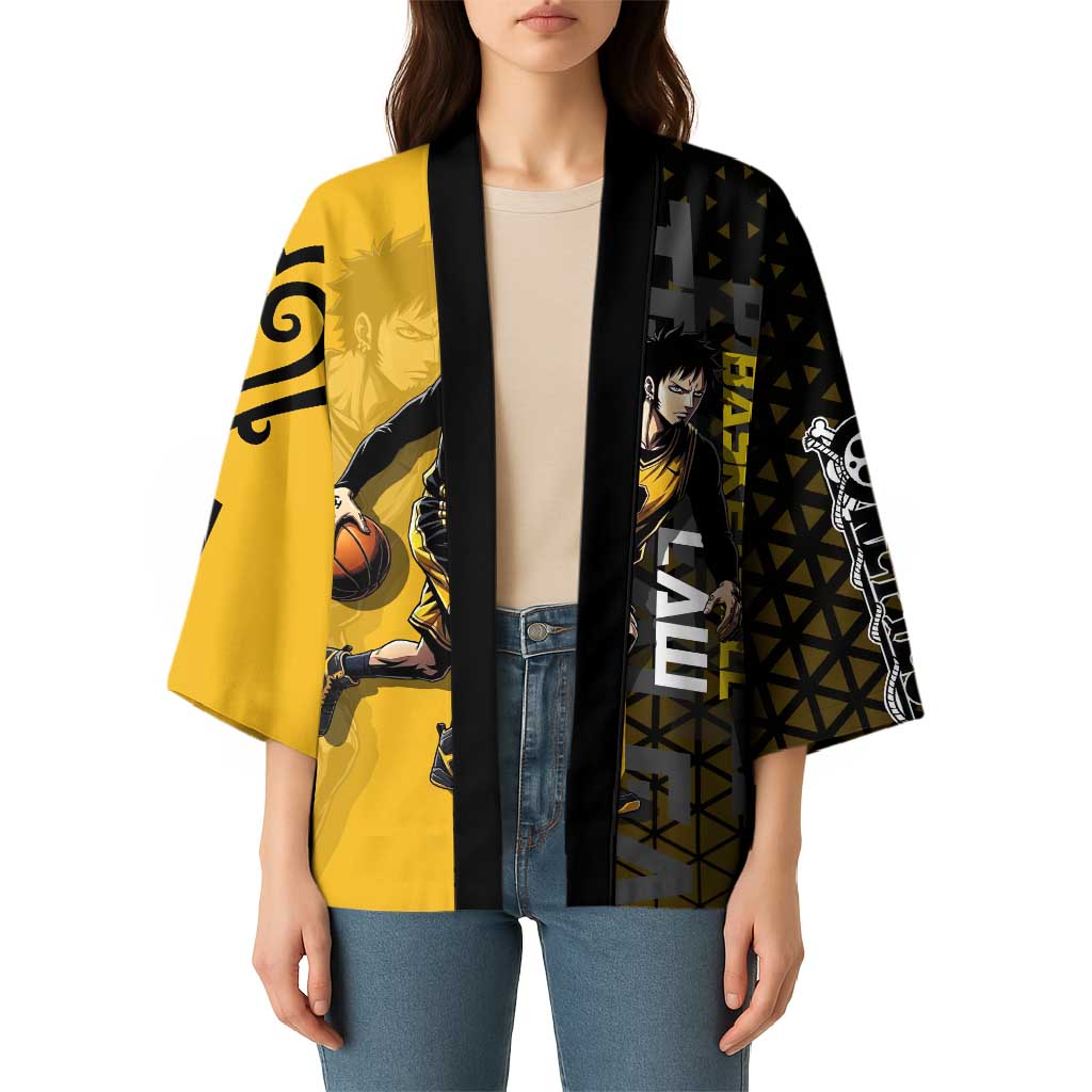 Trafalgar Law One Piece Basketball Theme Yellow and Black Design Kimono with Heart Pirates Emblem and Action Pose - The Mazicc