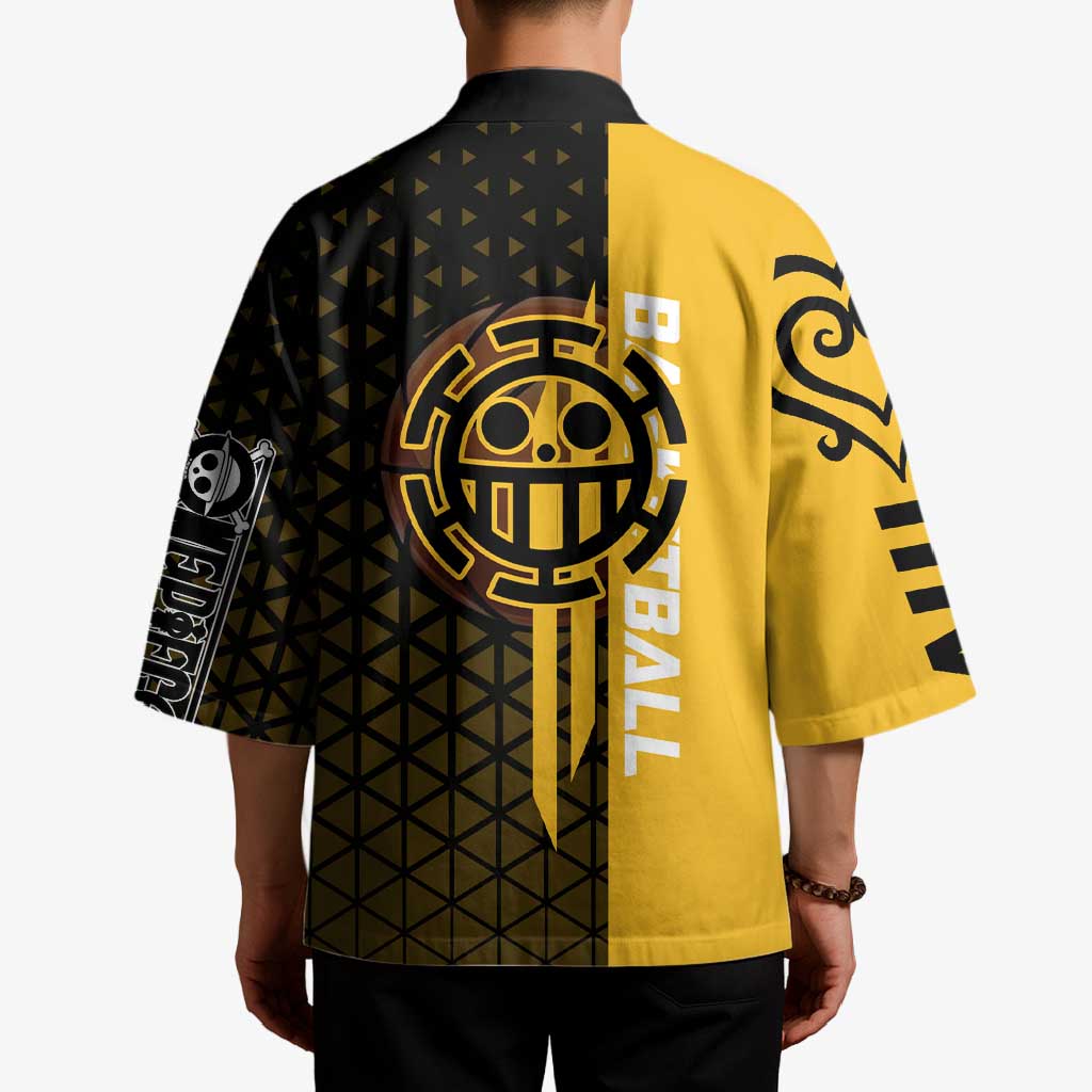 Trafalgar Law One Piece Basketball Theme Yellow and Black Design Kimono with Heart Pirates Emblem and Action Pose - The Mazicc