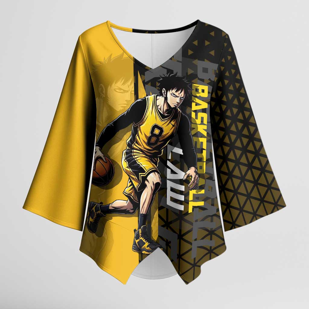 Trafalgar Law One Piece Basketball Theme Yellow and Black Design Kimono Sleeve Blouse with Heart Pirates Emblem and Action Pose - The Mazicc
