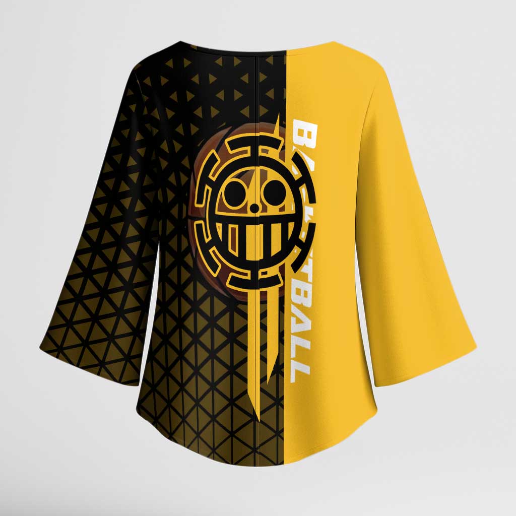 Trafalgar Law One Piece Basketball Theme Yellow and Black Design Kimono Sleeve Blouse with Heart Pirates Emblem and Action Pose - The Mazicc