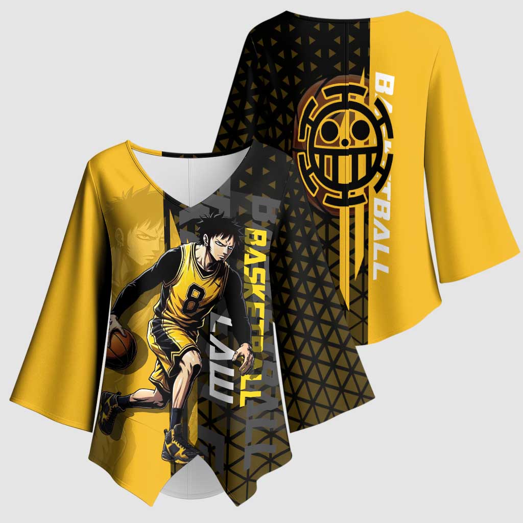 Trafalgar Law One Piece Basketball Theme Yellow and Black Design Kimono Sleeve Blouse with Heart Pirates Emblem and Action Pose - The Mazicc