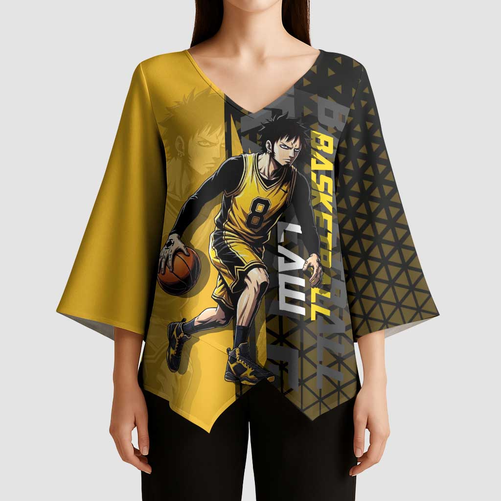 Trafalgar Law One Piece Basketball Theme Yellow and Black Design Kimono Sleeve Blouse with Heart Pirates Emblem and Action Pose - The Mazicc