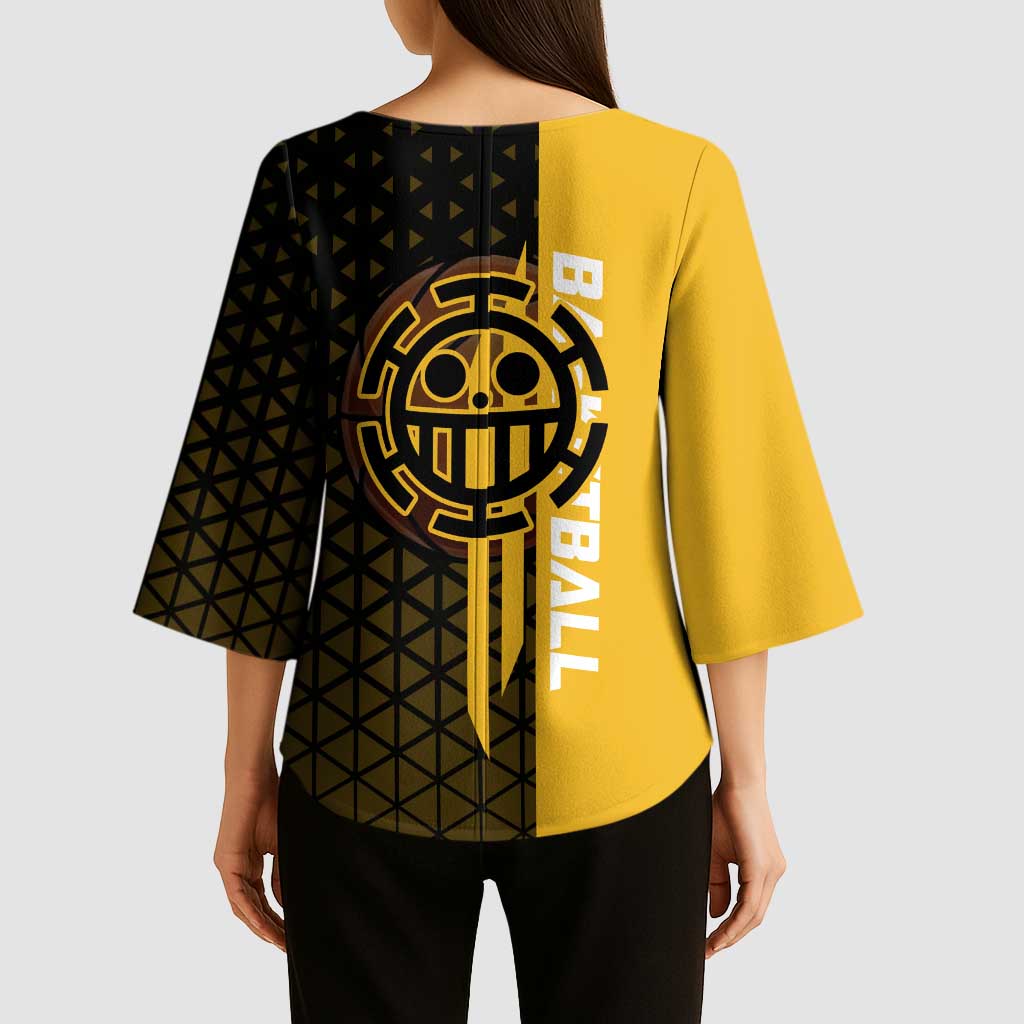 Trafalgar Law One Piece Basketball Theme Yellow and Black Design Kimono Sleeve Blouse with Heart Pirates Emblem and Action Pose - The Mazicc