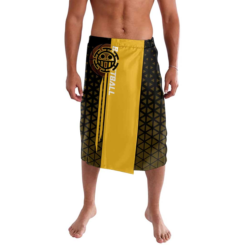 Trafalgar Law One Piece Basketball Theme Yellow and Black Design Lavalava with Heart Pirates Emblem and Action Pose - The Mazicc