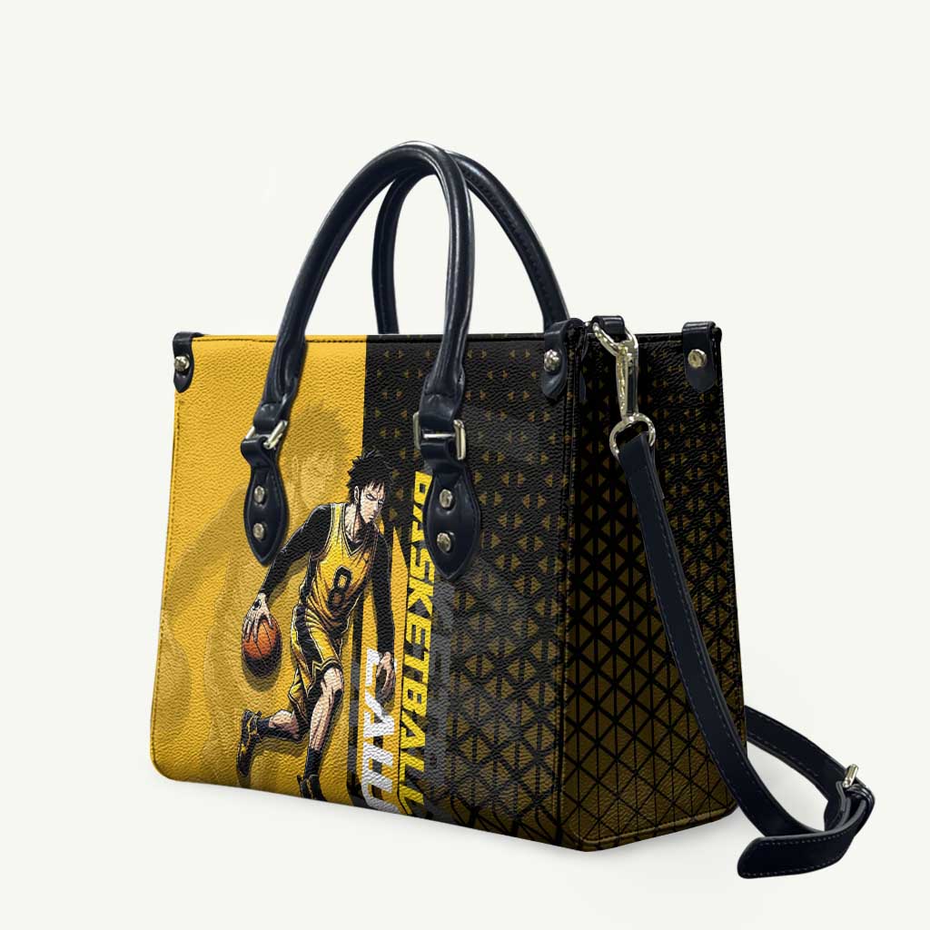 Trafalgar Law One Piece Basketball Theme Yellow and Black Design Leather Bag with Heart Pirates Emblem and Action Pose - The Mazicc