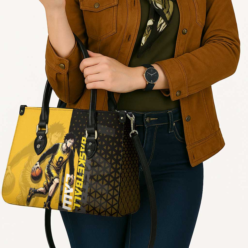 Trafalgar Law One Piece Basketball Theme Yellow and Black Design Leather Bag with Heart Pirates Emblem and Action Pose - The Mazicc