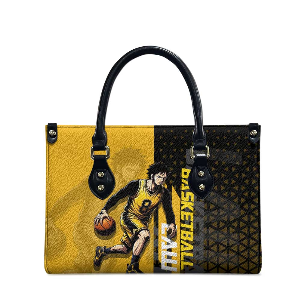 Trafalgar Law One Piece Basketball Theme Yellow and Black Design Leather Bag with Heart Pirates Emblem and Action Pose - The Mazicc
