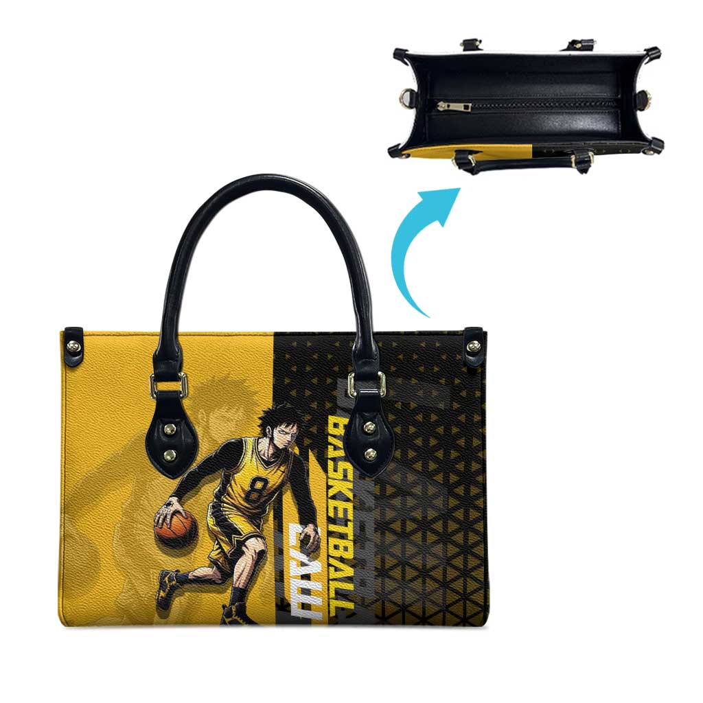 Trafalgar Law One Piece Basketball Theme Yellow and Black Design Leather Bag with Heart Pirates Emblem and Action Pose - The Mazicc