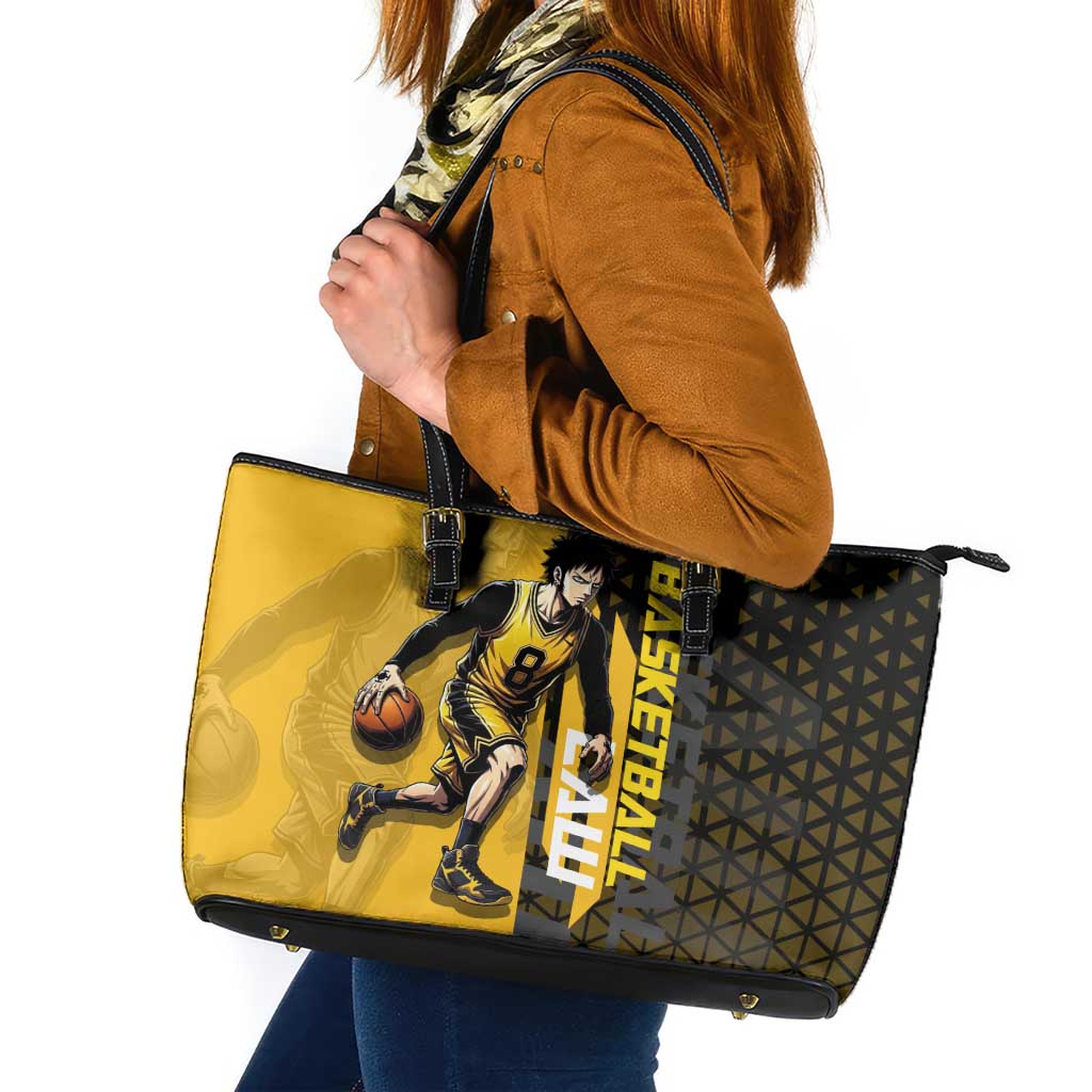 Trafalgar Law One Piece Basketball Theme Yellow and Black Design Leather Tote Bag with Heart Pirates Emblem and Action Pose - The Mazicc
