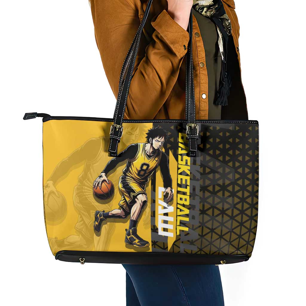 Trafalgar Law One Piece Basketball Theme Yellow and Black Design Leather Tote Bag with Heart Pirates Emblem and Action Pose - The Mazicc