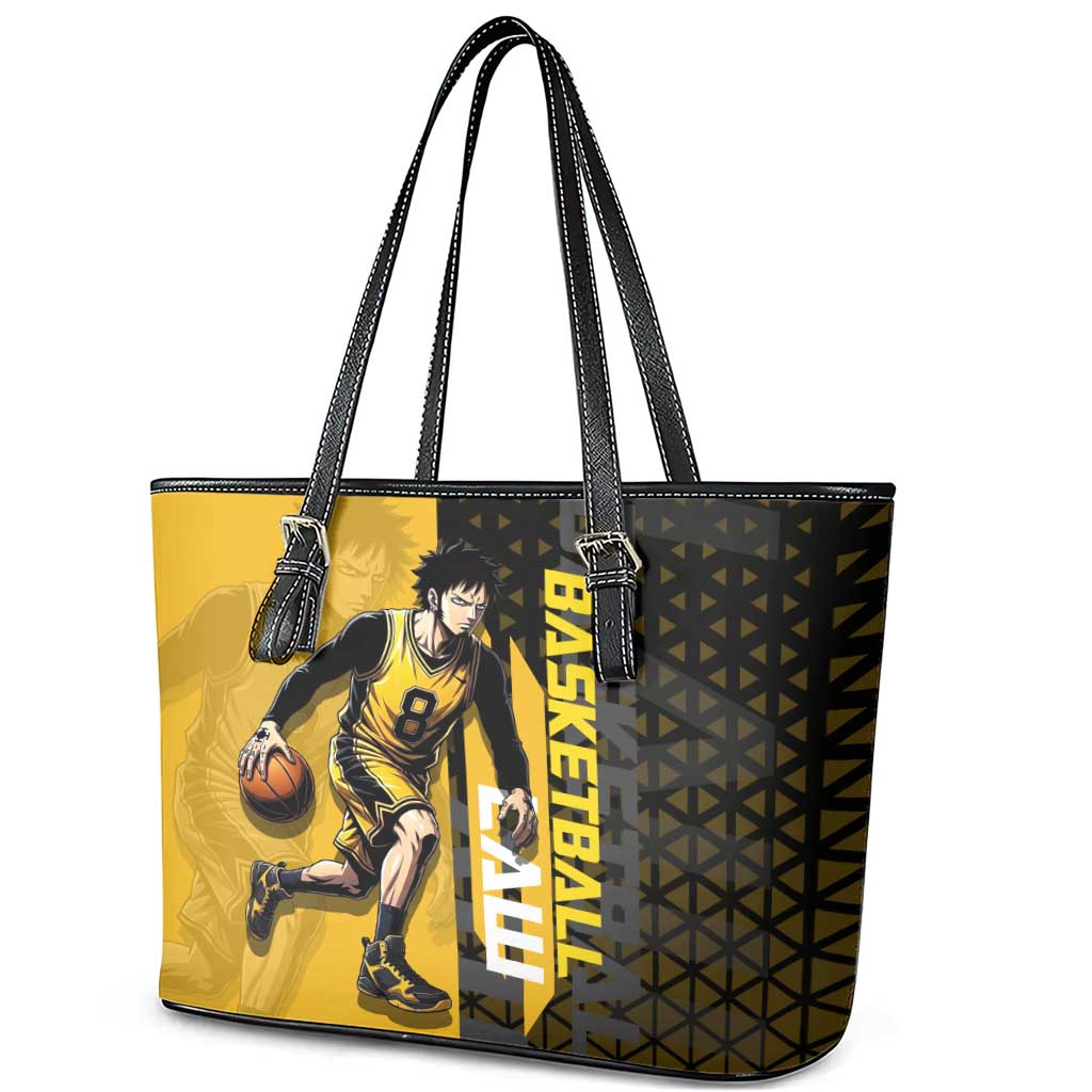 Trafalgar Law One Piece Basketball Theme Yellow and Black Design Leather Tote Bag with Heart Pirates Emblem and Action Pose - The Mazicc