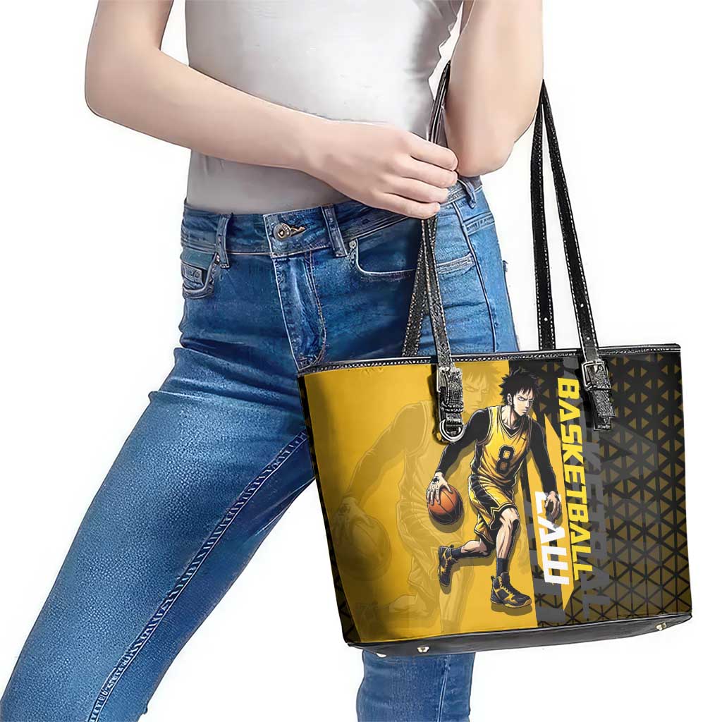 Trafalgar Law One Piece Basketball Theme Yellow and Black Design Leather Tote Bag with Heart Pirates Emblem and Action Pose - The Mazicc