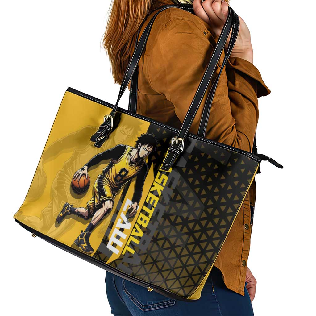 Trafalgar Law One Piece Basketball Theme Yellow and Black Design Leather Tote Bag with Heart Pirates Emblem and Action Pose - The Mazicc