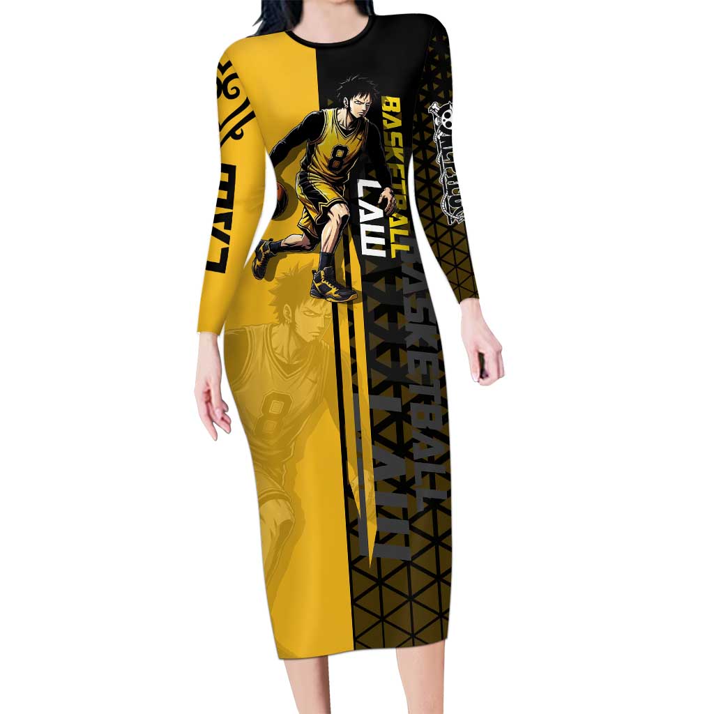 Trafalgar Law One Piece Basketball Theme Yellow and Black Design Long Sleeve Bodycon Dress with Heart Pirates Emblem and Action Pose - The Mazicc