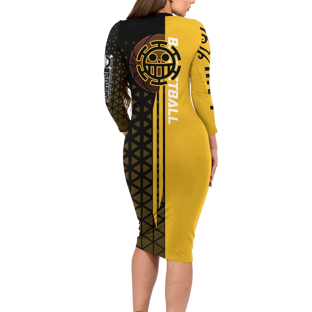 Trafalgar Law One Piece Basketball Theme Yellow and Black Design Long Sleeve Bodycon Dress with Heart Pirates Emblem and Action Pose - The Mazicc