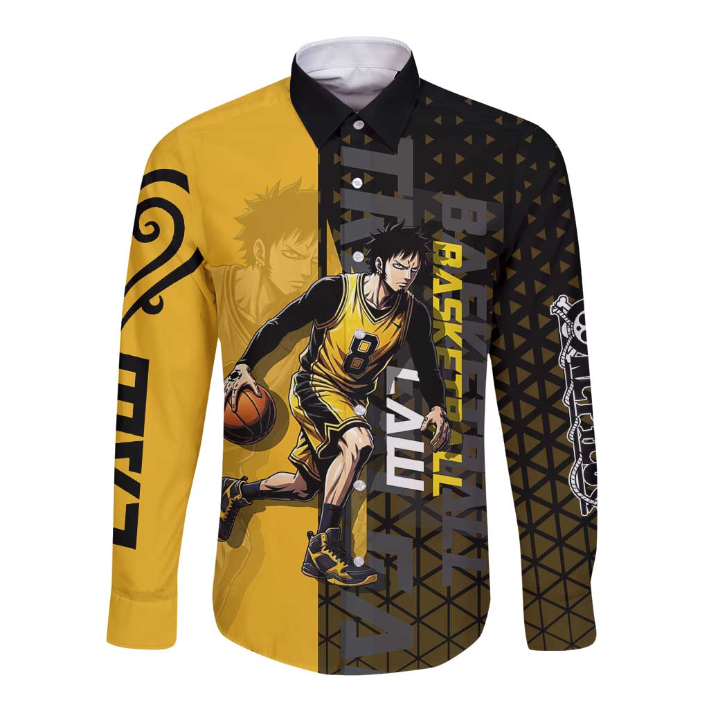 Trafalgar Law One Piece Basketball Theme Yellow and Black Design Long Sleeve Button Shirt with Heart Pirates Emblem and Action Pose - The Mazicc