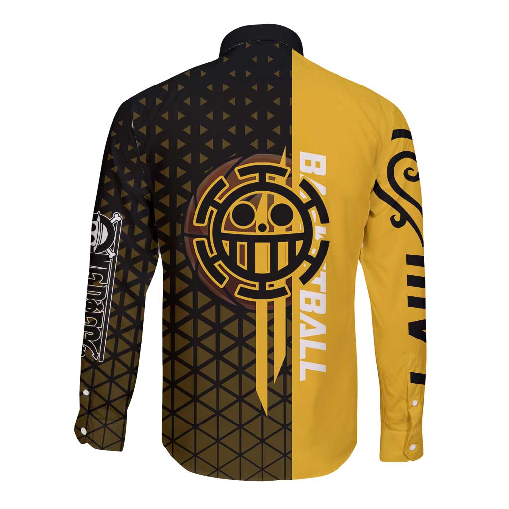 Trafalgar Law One Piece Basketball Theme Yellow and Black Design Long Sleeve Button Shirt with Heart Pirates Emblem and Action Pose - The Mazicc