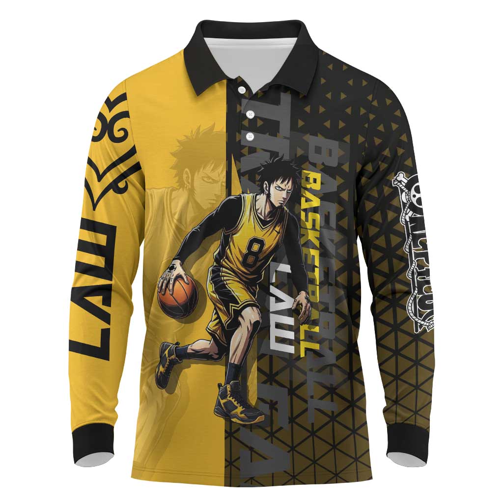 Trafalgar Law One Piece Basketball Theme Yellow and Black Design Long Sleeve Polo Shirt with Heart Pirates Emblem and Action Pose - The Mazicc