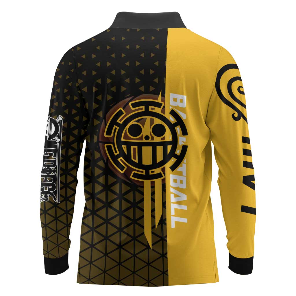 Trafalgar Law One Piece Basketball Theme Yellow and Black Design Long Sleeve Polo Shirt with Heart Pirates Emblem and Action Pose - The Mazicc