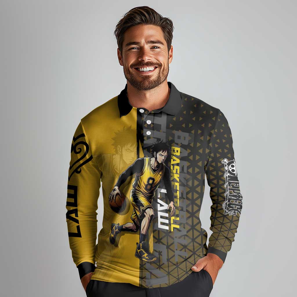 Trafalgar Law One Piece Basketball Theme Yellow and Black Design Long Sleeve Polo Shirt with Heart Pirates Emblem and Action Pose - The Mazicc