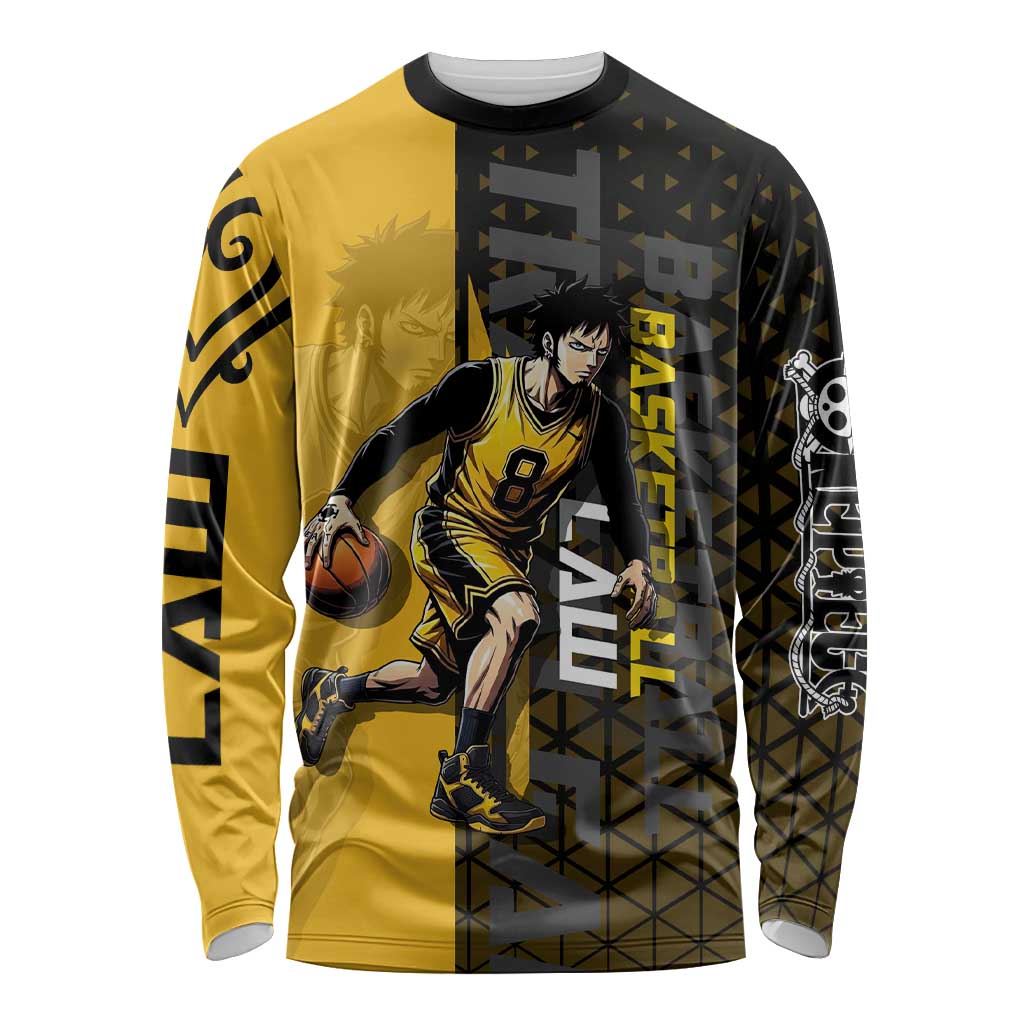 Trafalgar Law One Piece Basketball Theme Yellow and Black Design Long Sleeve Shirt with Heart Pirates Emblem and Action Pose - The Mazicc