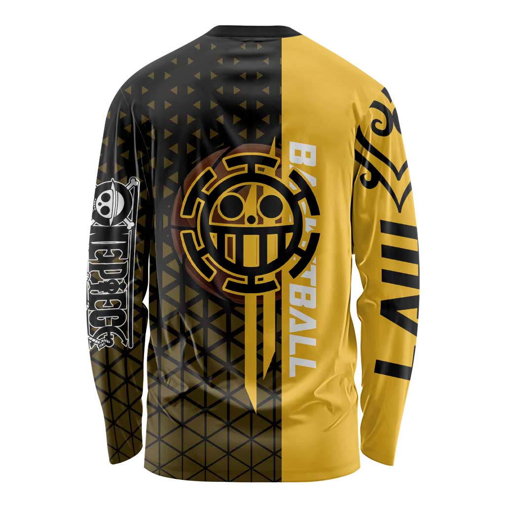 Trafalgar Law One Piece Basketball Theme Yellow and Black Design Long Sleeve Shirt with Heart Pirates Emblem and Action Pose - The Mazicc